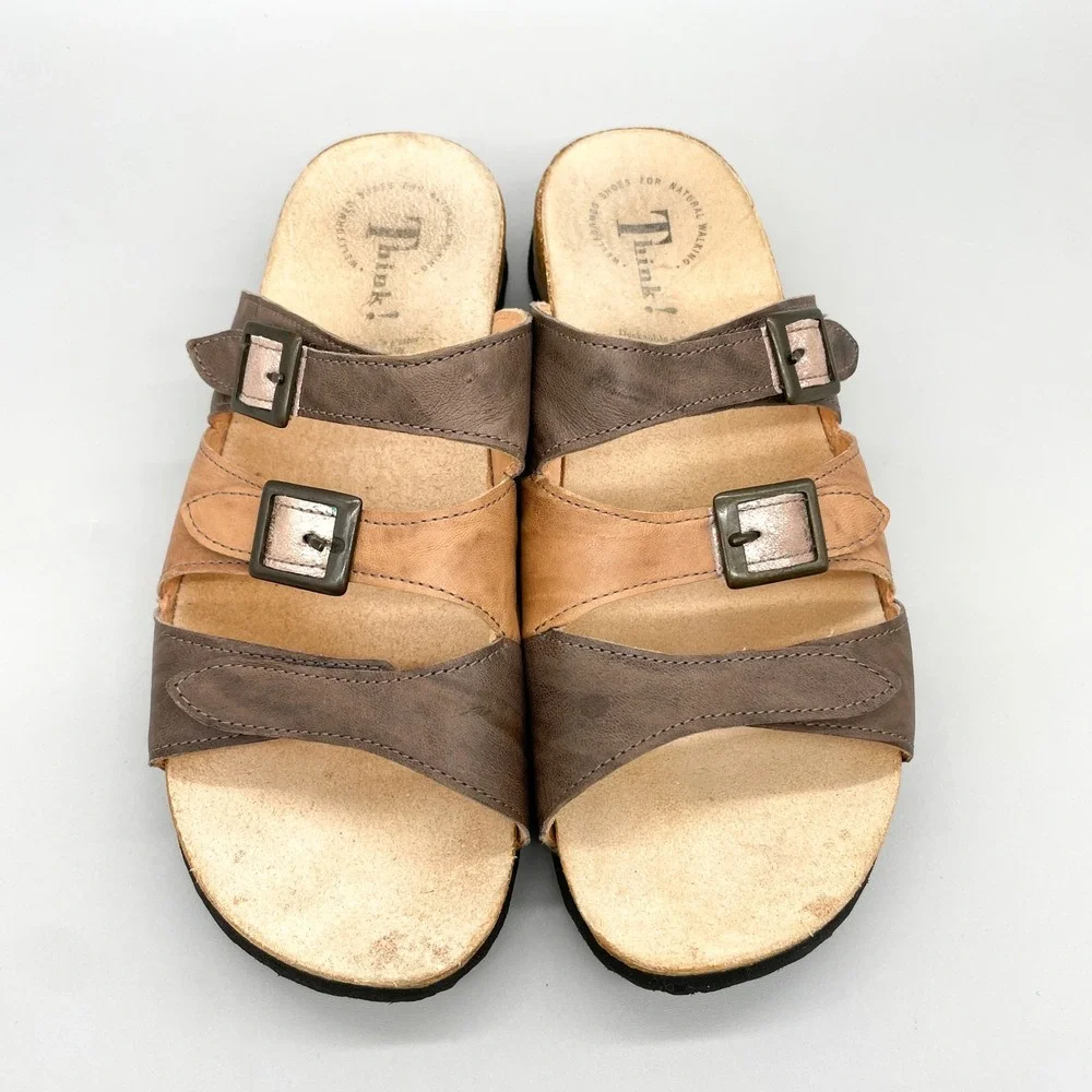 Think! Womens 40 Mizzi Multi Strap Brown Leather Cork Wedge Slide Sandals Buckle